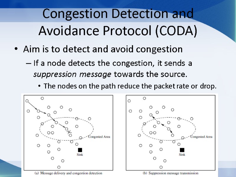 Congestion Detection and Avoidance Protocol (CODA) Aim is to detect and avoid congestion If